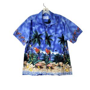 GoHawaii Blue Tropical Print Hawaiian Shirt with Parrots and Palm Trees